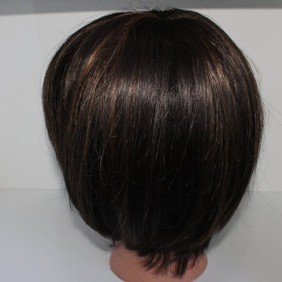 Synthetic Fiber Short Straight Brown W/Highlights Bob Wig With Bangs - Picture 3 of 11